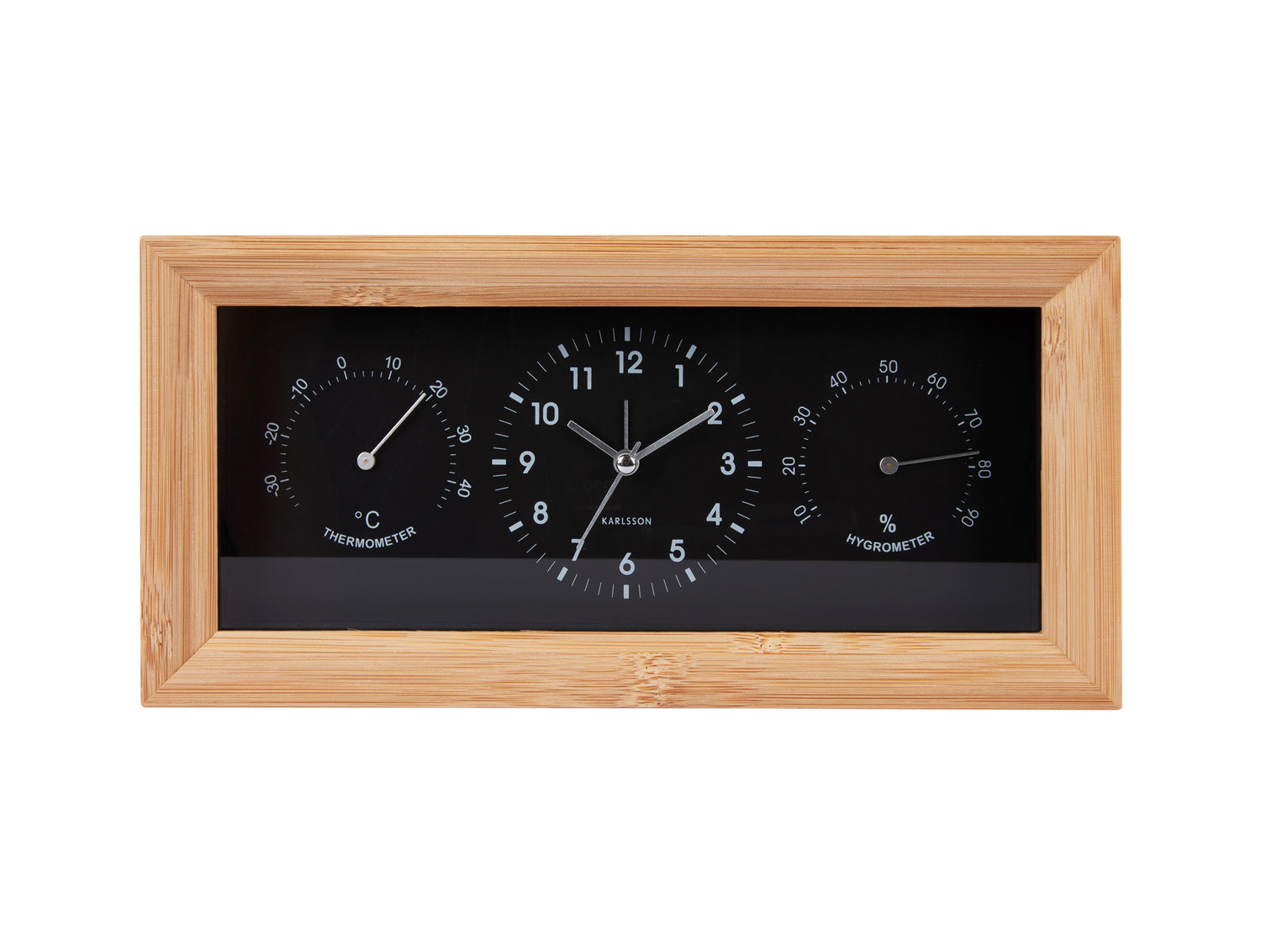 Rektangulär väggklocka med träram och svart urtavla, termometer och hygrometer