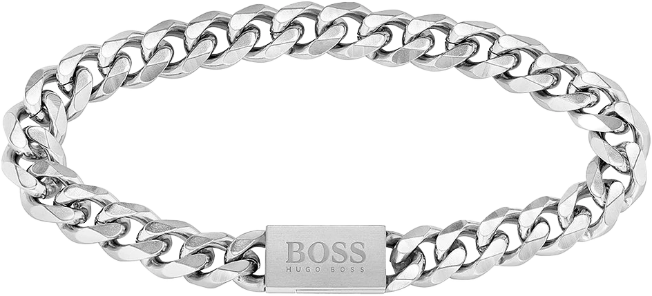 Armband i rostfritt stål med kedjelänkar, silverfärgat, med rektangulär BOSS-plakett