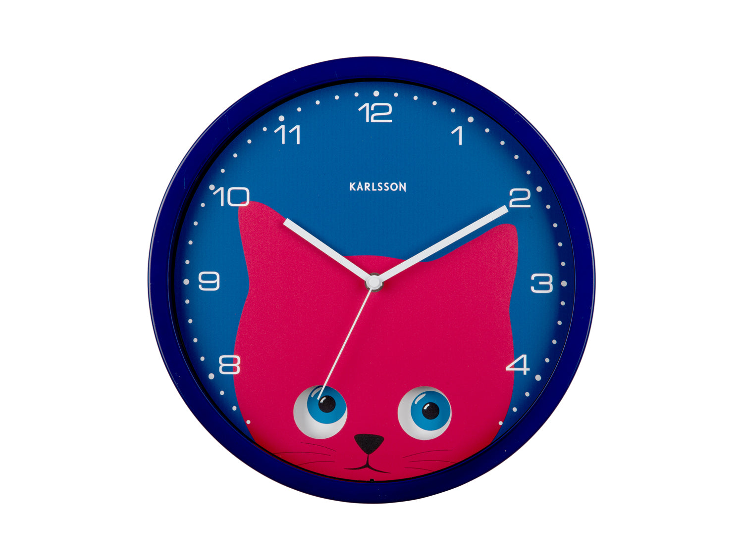Mörkblå väggklocka med rött kattmotiv och blå ögon, rund form