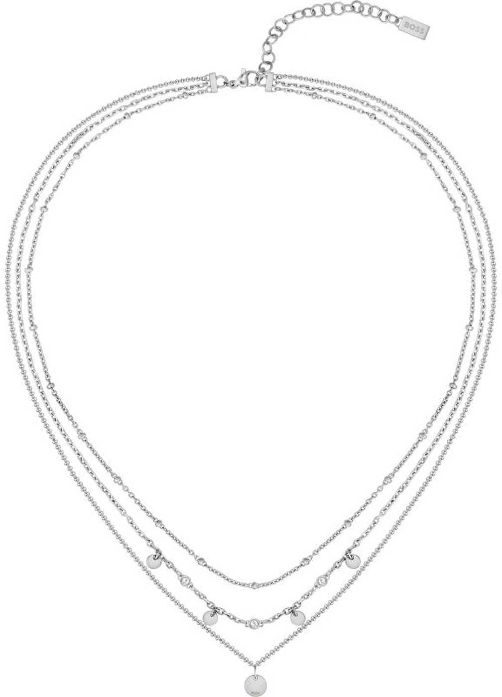 Flerradigt halsband med flera kedjor och ett runt hänge längst ner