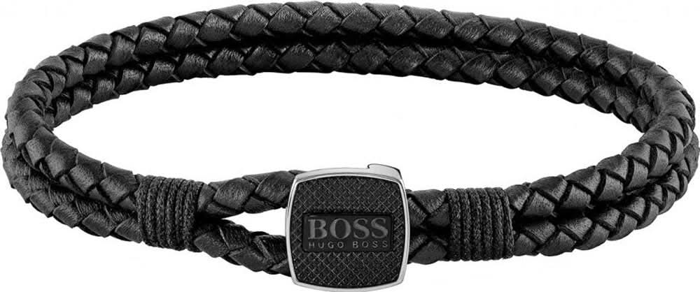 Flätat läderarmband i svart med fyrkantigt metallspänne och BOSS-prägling