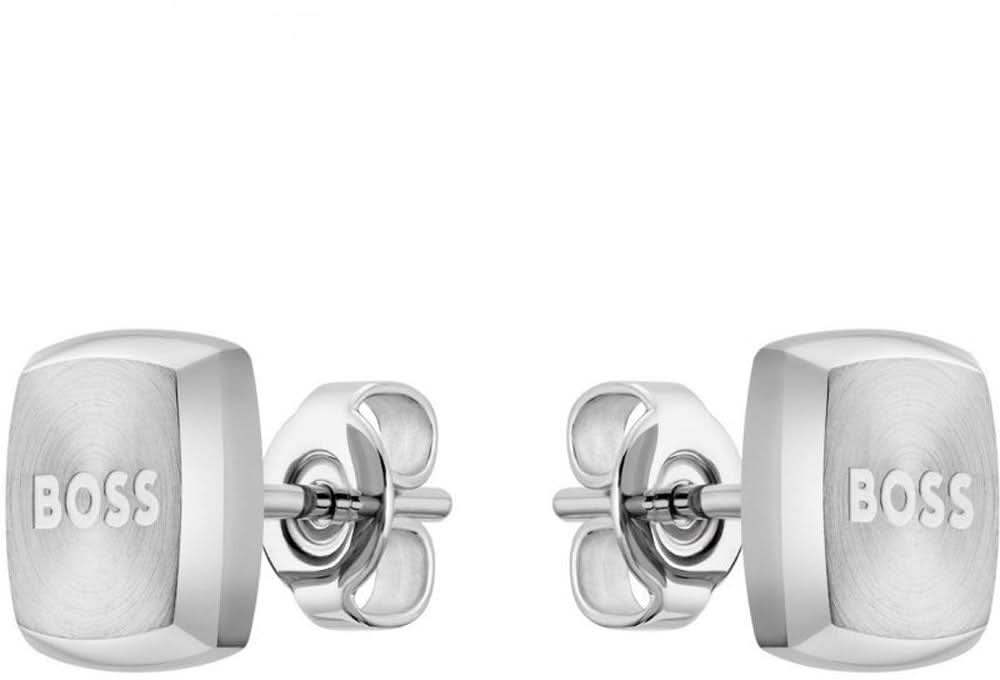 Örhängen för män med rektangulära plattor och BOSS-logotyp, silverfärgade