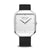 Herrenuhr mit weißem Zifferblatt und schwarzem Lederoptik-Armband, eckiges Saphirglasgehäuse