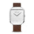 Herrenuhr mit weißem Zifferblatt und braunem Lederoptik-Armband, eckiges Saphirglasgehäuse
