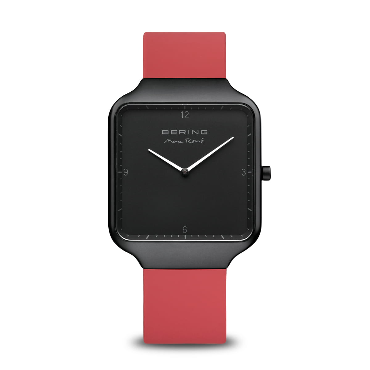 Herrenuhr mit schwarzem Zifferblatt und rotem Silikonarmband, eckiges Saphirglasgehäuse