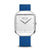 Herrenuhr mit weißem Zifferblatt und blauem Silikonarmband, eckiges Saphirglasgehäuse