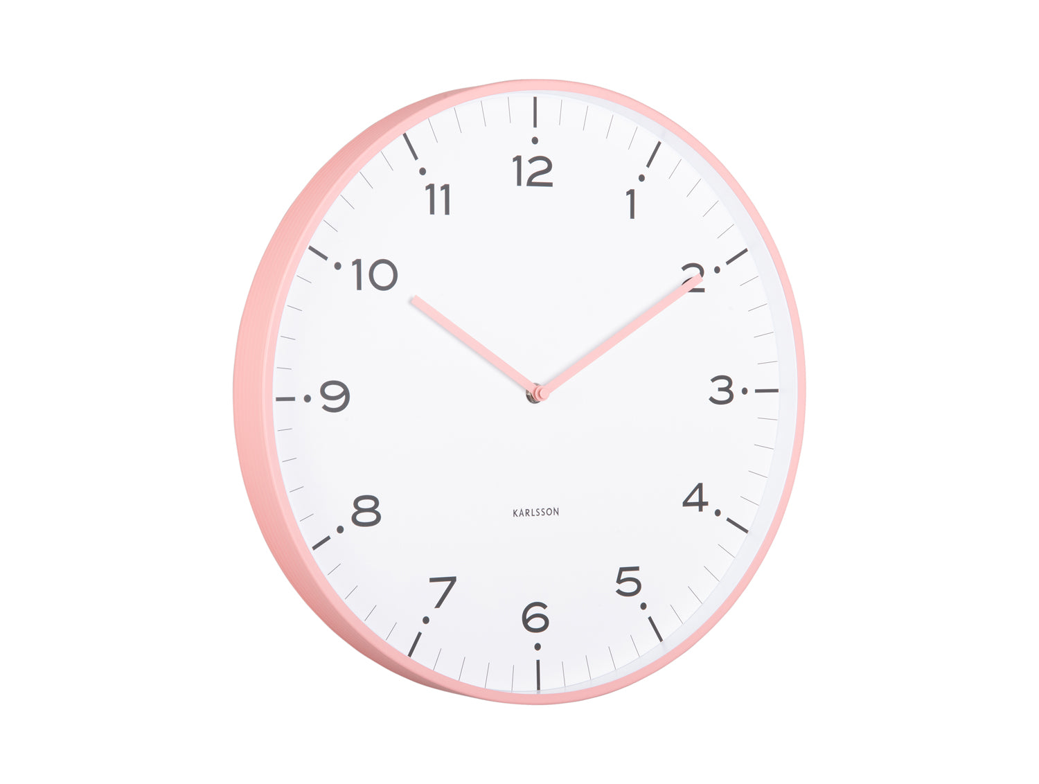 Väggklocka med flamingopinkigt ringformat hölje och vit urtavla, rosa visare.