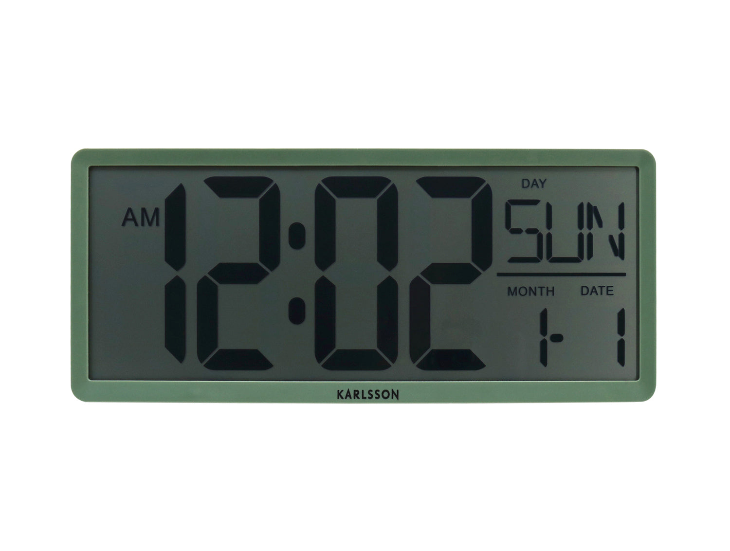 Digital LCD-väggklocka djungelgrön med AM/PM, veckodag, månad och datum