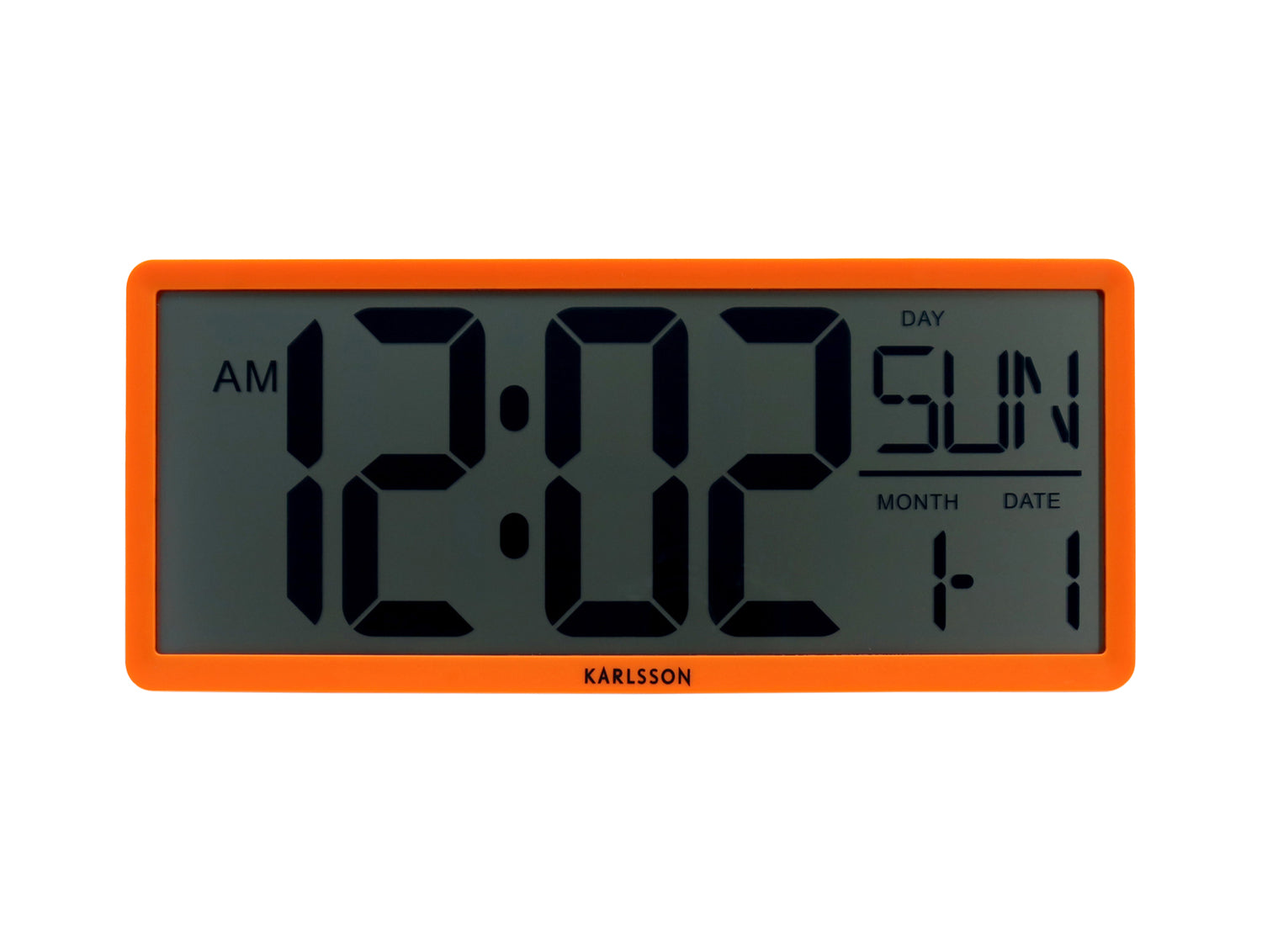 Retro LCD-väggklocka i neonorange med digital display, AM, tid och datum