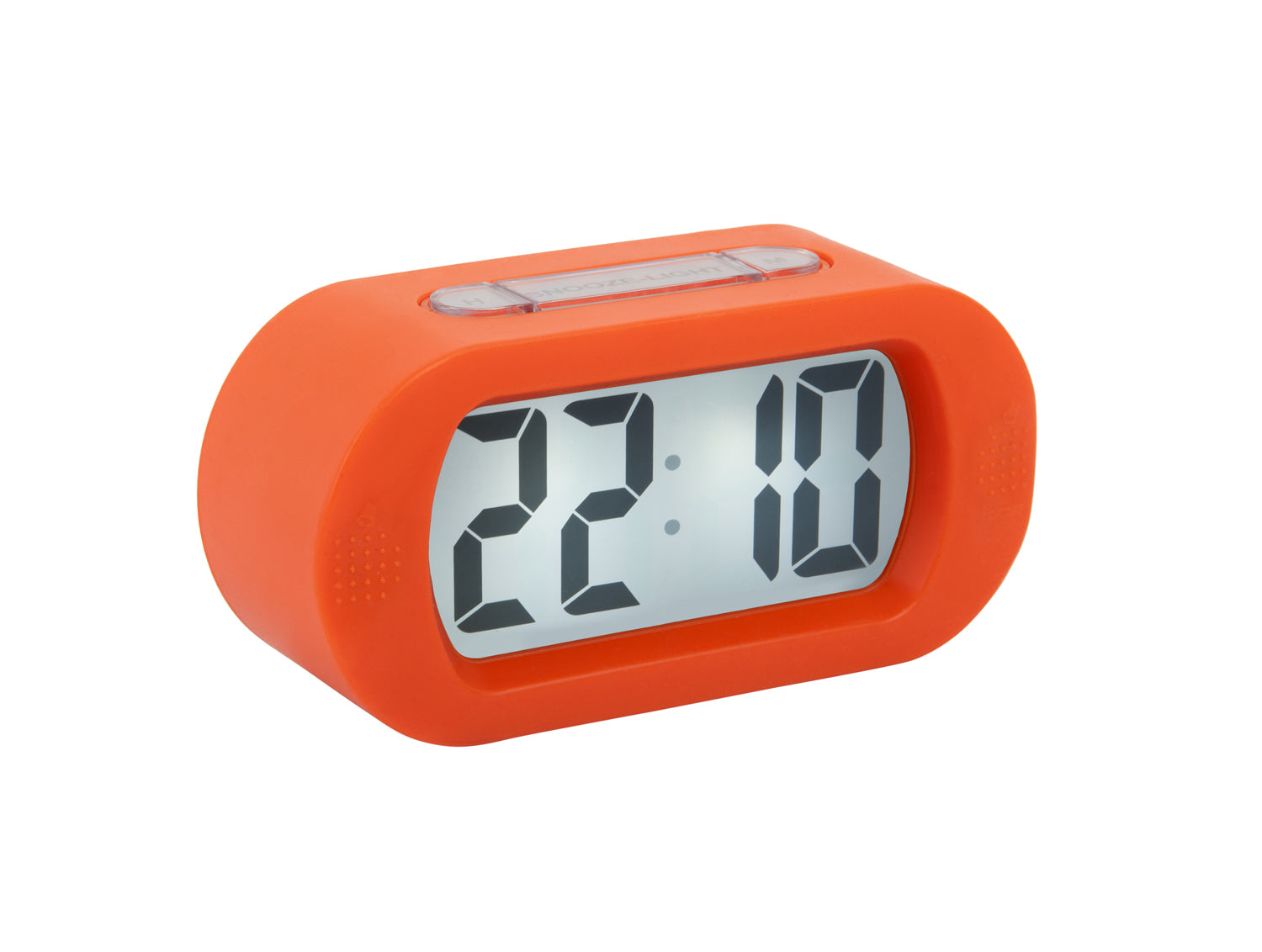 Digital väckarklocka i orange med stor snooze-knapp