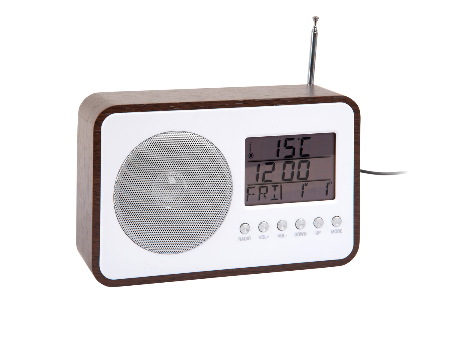 Karlsson Digital-väckarklocka med FM-radio, mörkt träfärgad front, display och högtalare