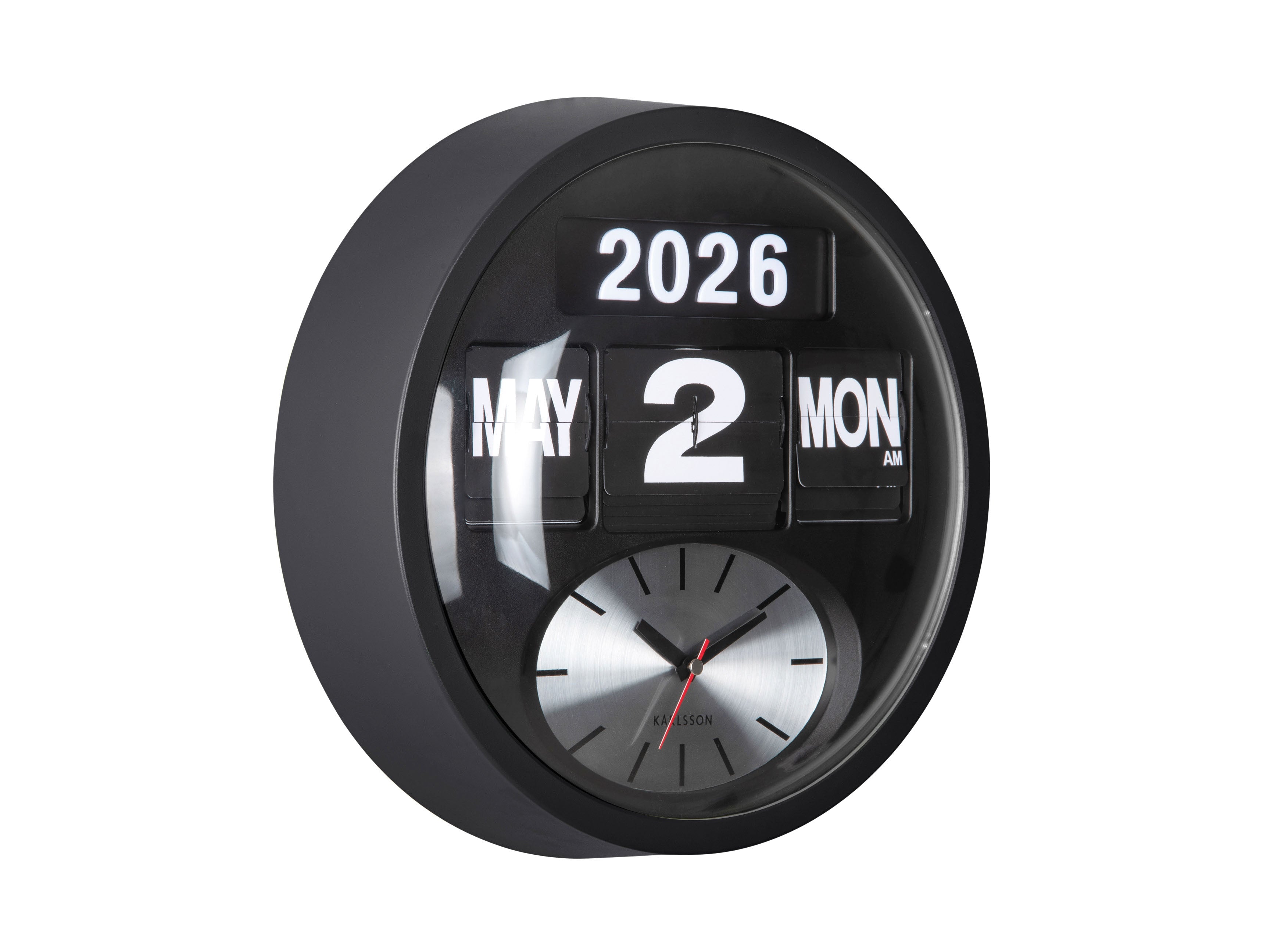 Svart väggklocka med fällbara siffror, analog urtavla och datumvisning 2026/2