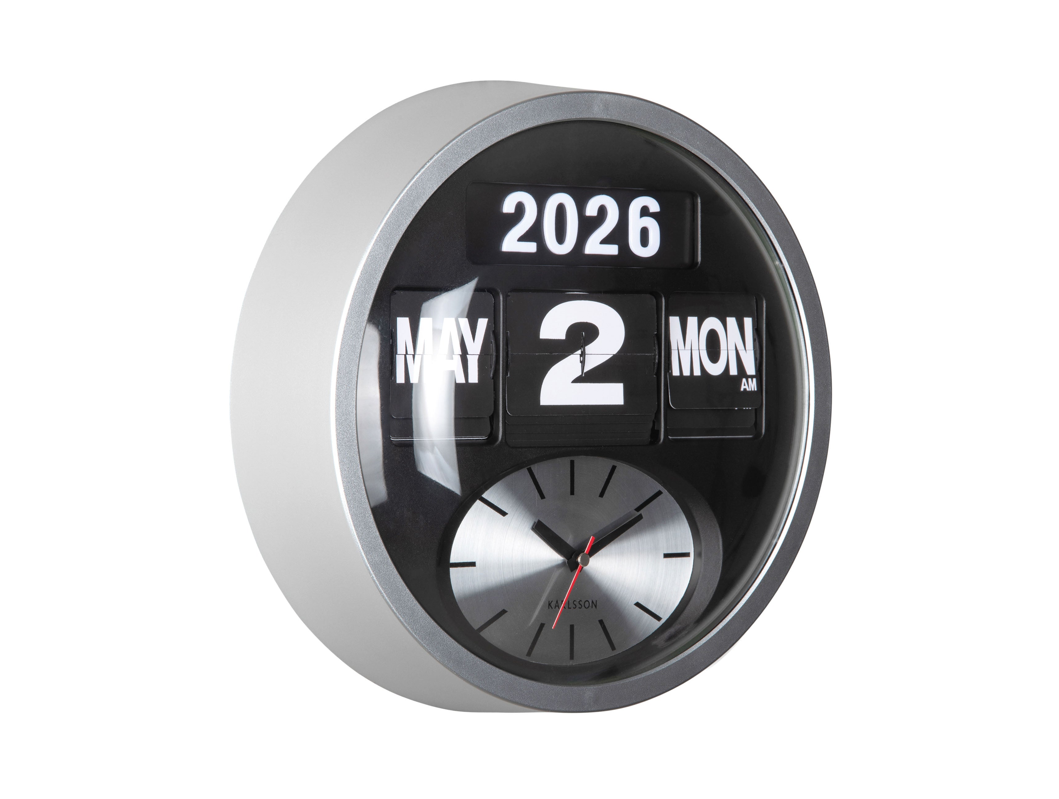 Rund väggklocka med silverfärgad ram, vikbar sifferkalender (2026/2), analog urtavla