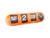 Orange hopfällbar väggklocka med analog urtavla till höger