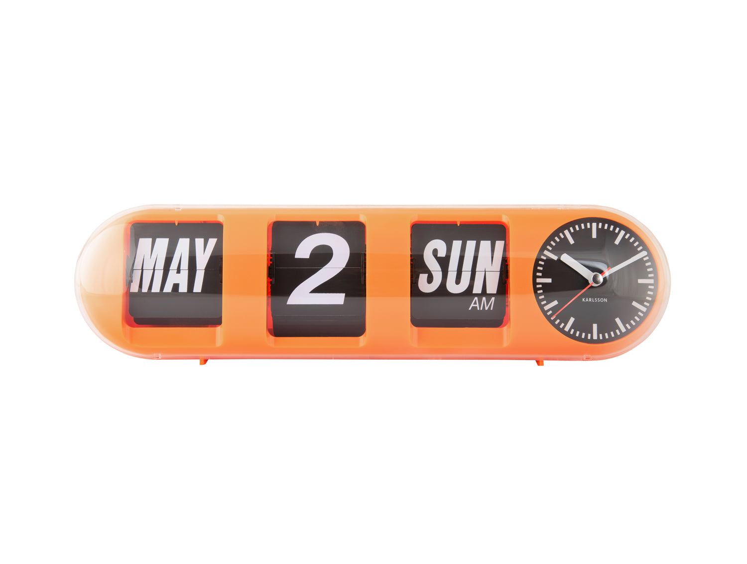 Orange väggklocka med fällbar sifferdisplay och analog urtavla vid kanten