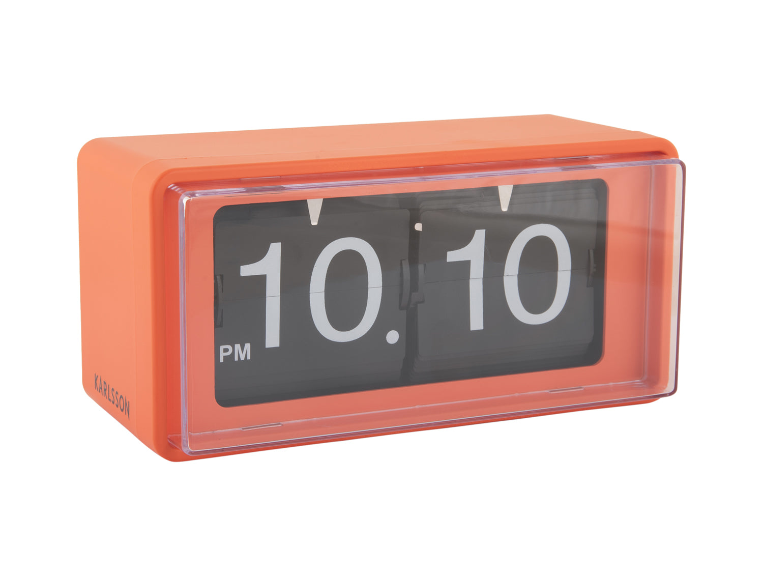 Orange retro väggklocka med flip-display och tiden 10:10
