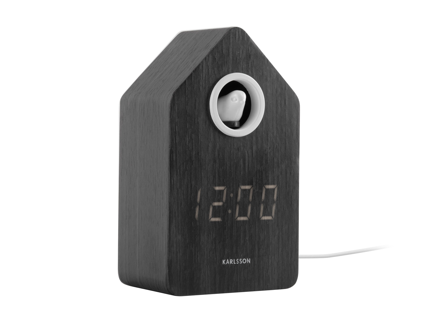 Väckarklocka i trä med LED-display och rund öppning, mörk trälook