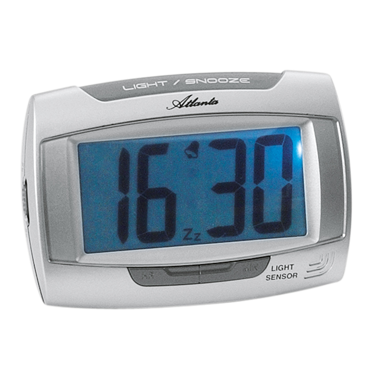 Silver digital väckarklocka med blå display och indikator för ljus/snooze