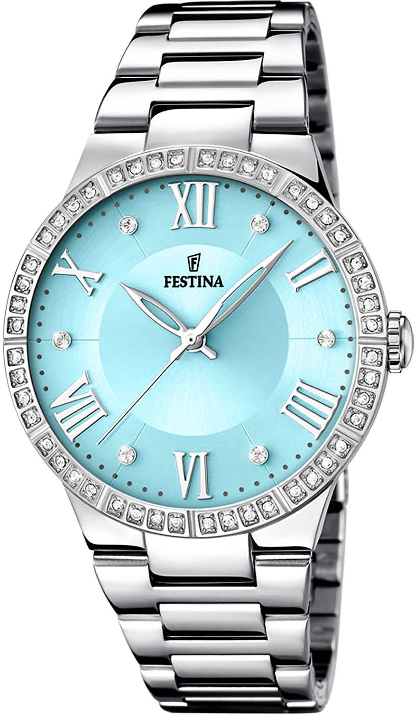 Festina damklocka med blå urtavla, romerska siffror, gnistrande steninfattning och armband i rostfritt stål