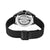 Herrenarmbanduhr: Rückseite und schwarzes Milanaise-Armband mit Dornschließe
