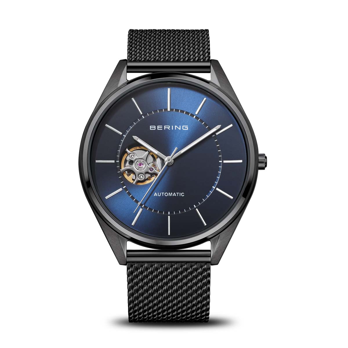 Herrenarmbanduhr mit rundem Gehäuse, blauem Zifferblatt und schwarzem Milanaise-Armband