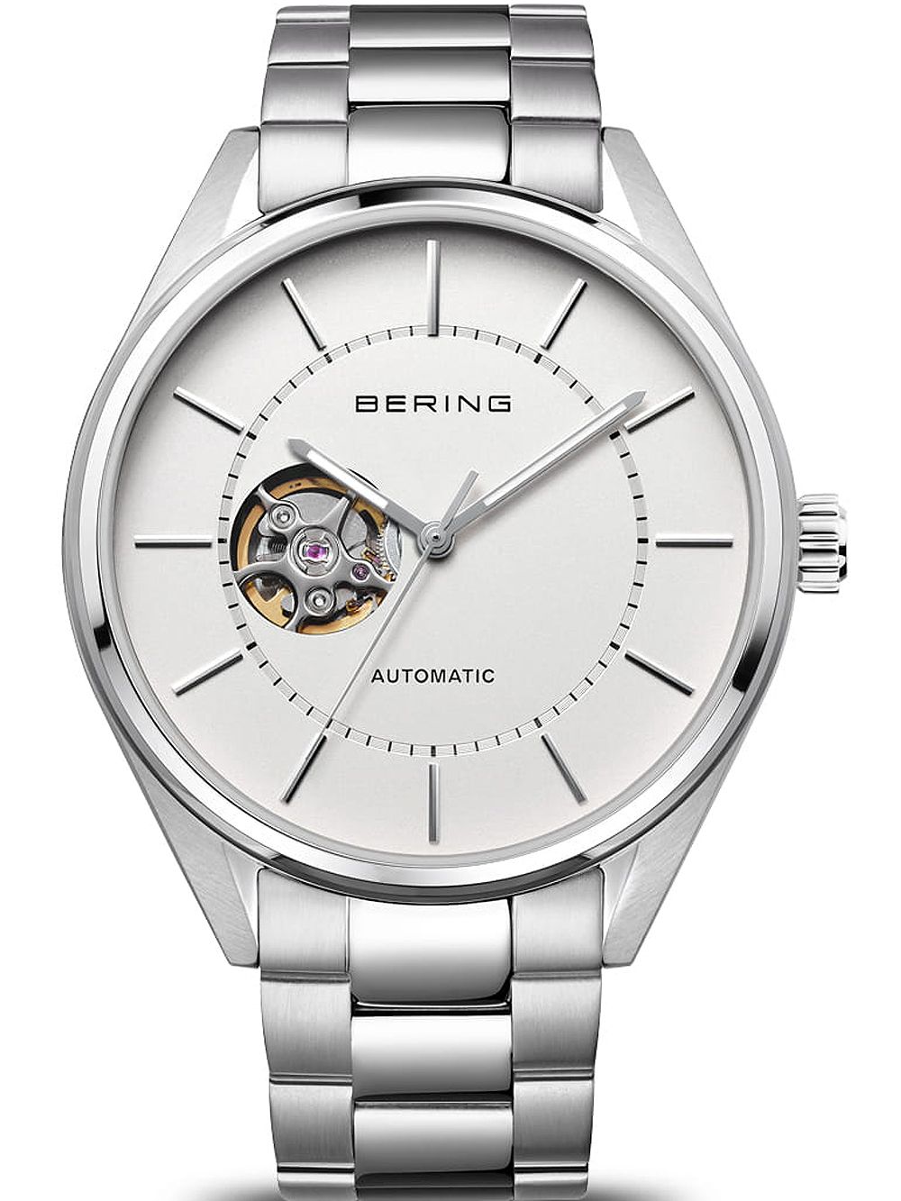 Silberne Herrenuhr mit weißem Zifferblatt, Skelett-Automatikwerk und Metallarmband