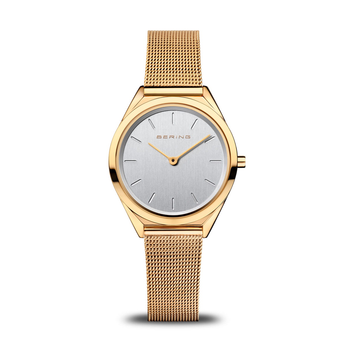 Bering Damenuhr mit goldfarbenem Milanaise-Armband und silbernem Zifferblatt, Saphirglas