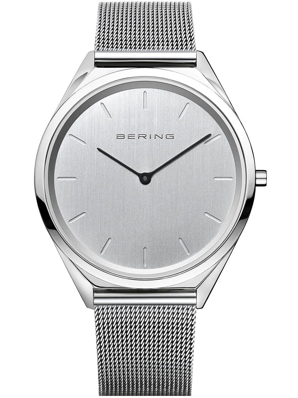 Bering Armbanduhr: silberfarbenes Milanaiseband, rundes Zifferblatt, flaches Saphirglas