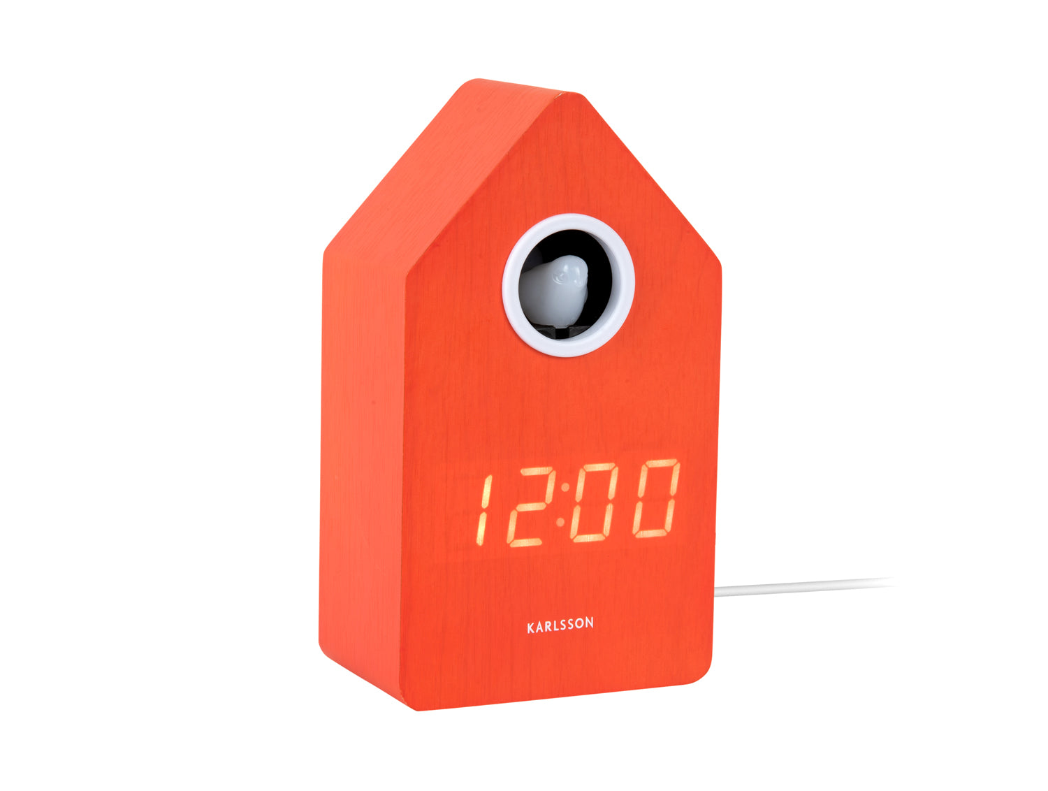 LED-gökur i orange trähus med LED-siffror 12:00