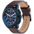 Herren Quarzuhr mit blauem Gehäuse und braunem Lederarmband, seitliche Ansicht