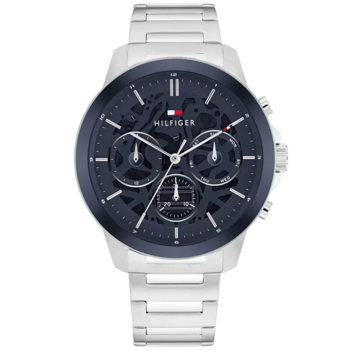 Herren Chronograph-Armbanduhr mit blau-schwarzem Zifferblatt und Edelstahlband, Mineralglas