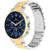 Herrenarmbanduhr schräg: blaues Zifferblatt, bicolor Edelstahlband, sichtbare Drücker