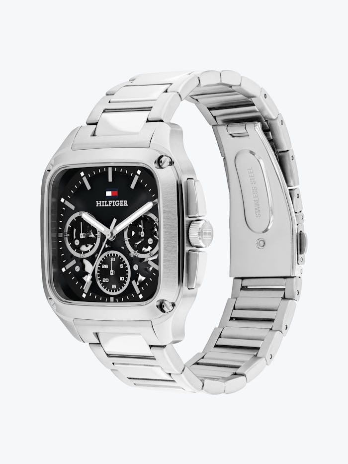 Tommy Hilfiger Herrenquarzuhr mit schwarzem Zifferblatt, Skelettdetails und Metallarmband