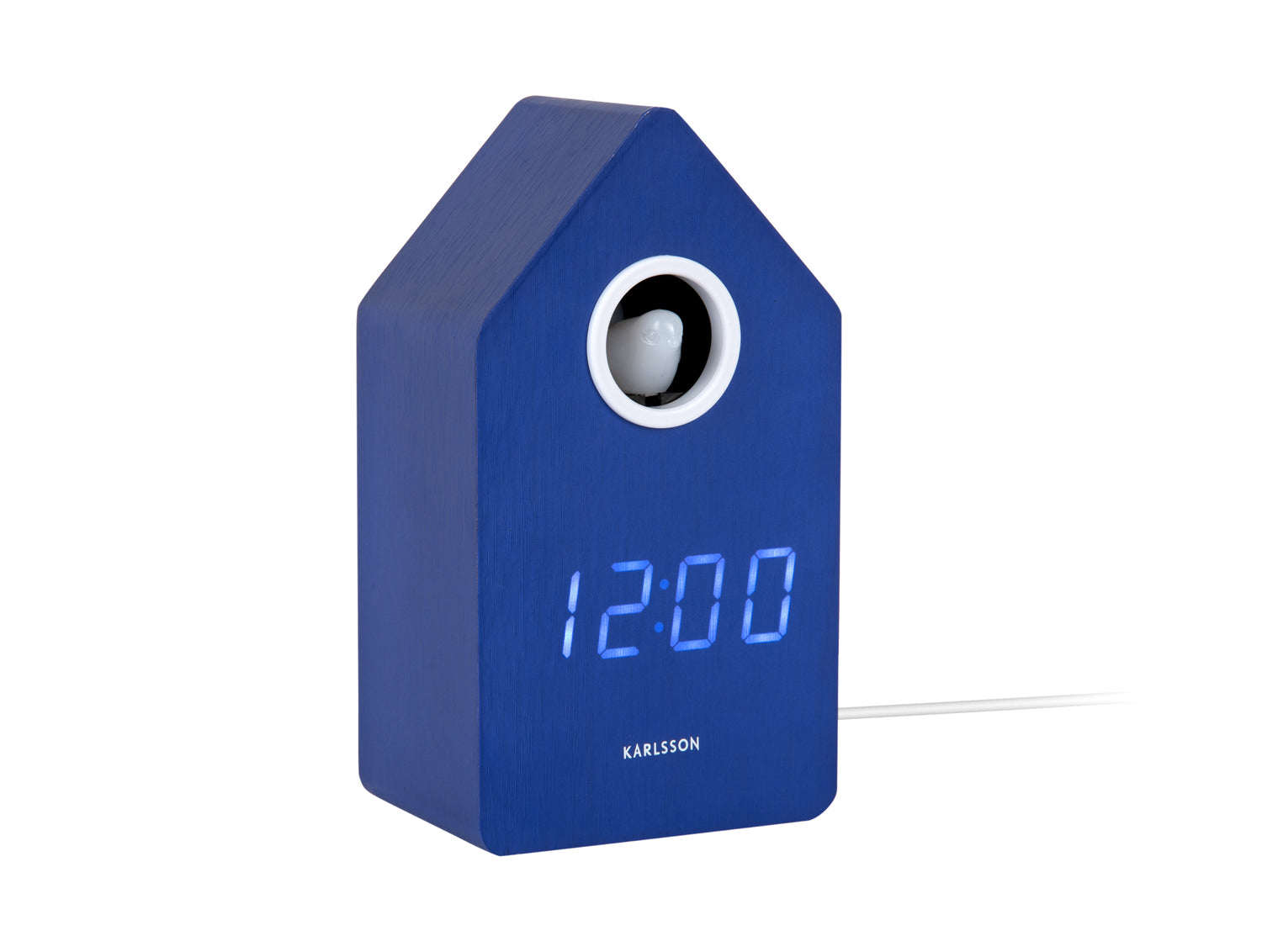 Karlsson LED-väckarklocka i gökhusdesign: blått hölje med rund öppning och LED-display