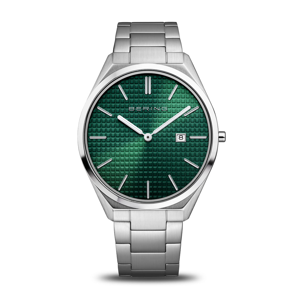 Herrenuhr mit grünem Zifferblatt und silbernem Edelstahlband, Saphirglas, Quarzwerk