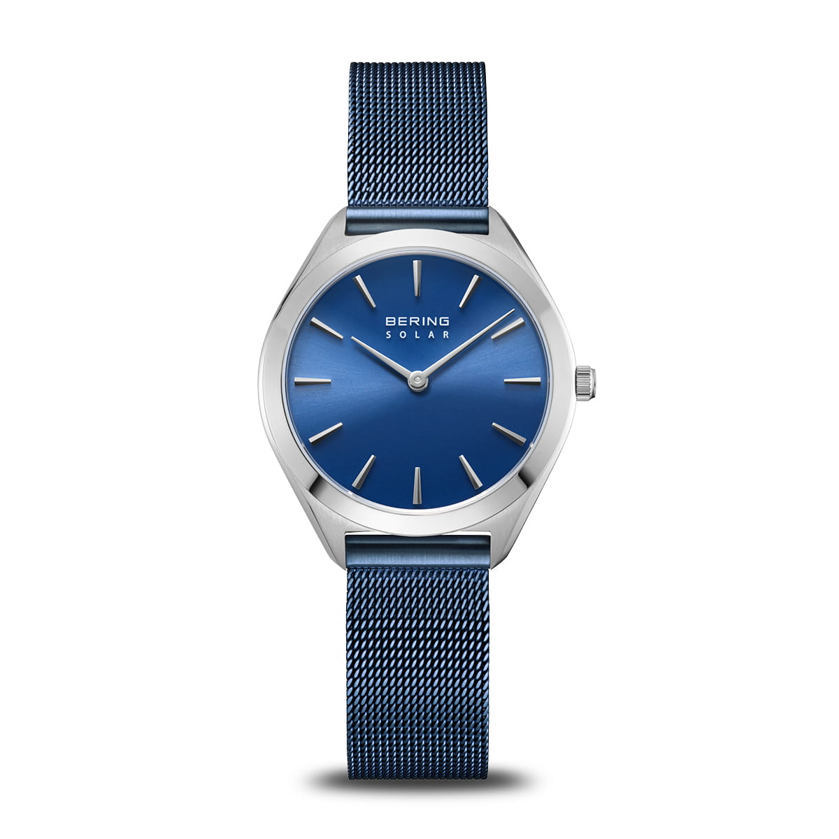Bering Damenuhr mit blauem Zifferblatt, Saphirglas und blauem Mesh-Armband