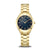 Damenuhr mit goldenem Metallarmband, rundem Gehäuse und blauem Zifferblatt.