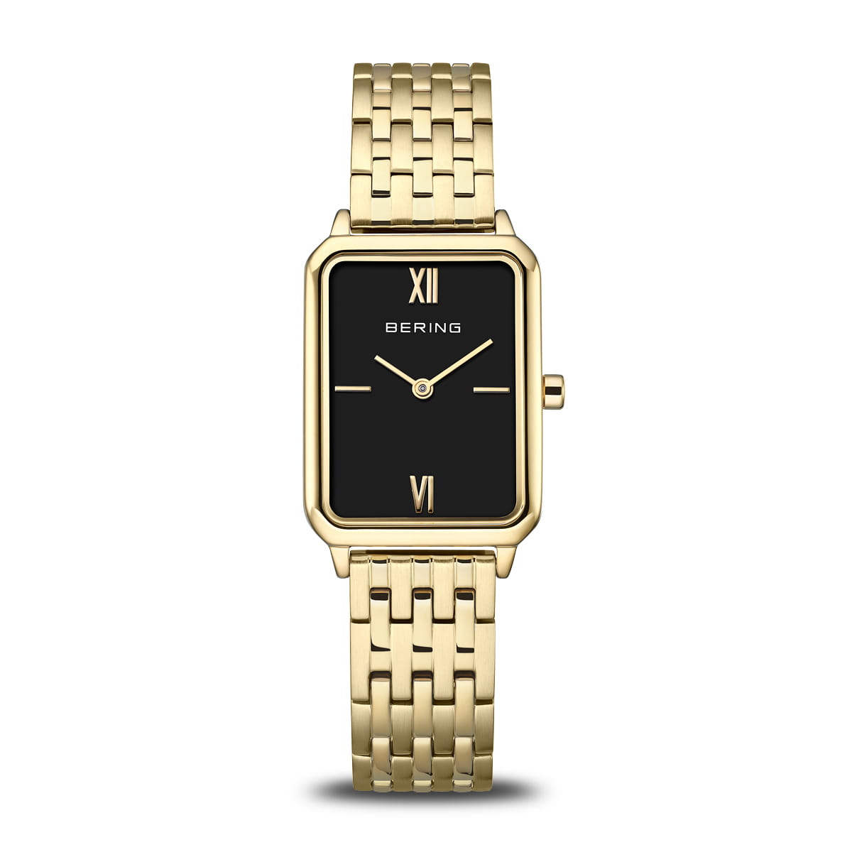 Bering Damenarmbanduhr mit goldenem Metallband und schwarzem Zifferblatt, viereckiges Gehäuse