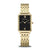Bering Damenarmbanduhr mit goldenem Metallband und schwarzem Zifferblatt, viereckiges Gehäuse