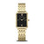 Damenuhr mit rechteckigem Goldgehäuse, schwarzem Zifferblatt und goldfarbenem Metallarmband