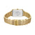 Bering Damenuhr Rückansicht: goldfarbenes Metallgliederarmband mit Schließe und Gehäuseboden