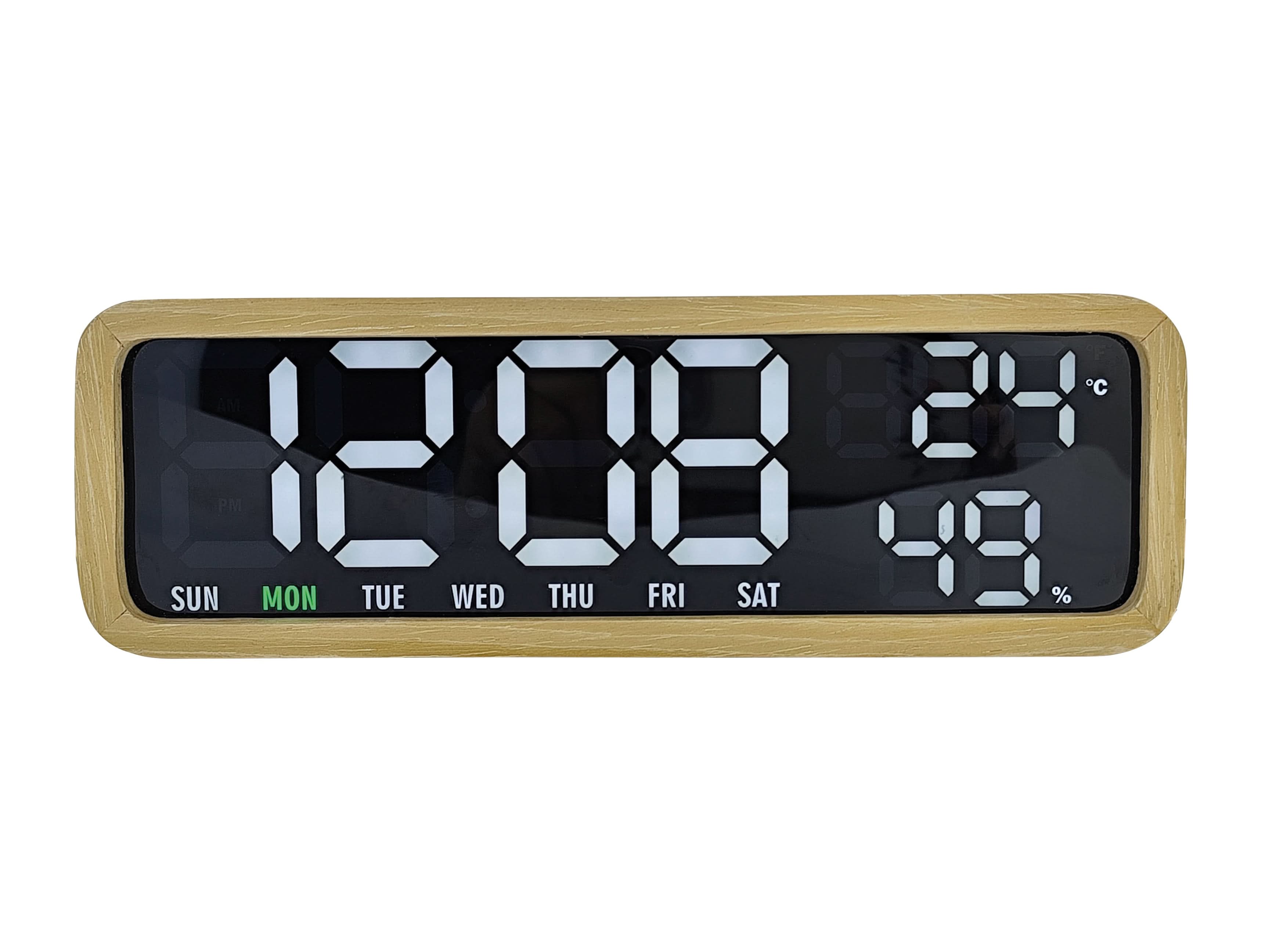 Digital LED-väckarklocka med träram, stor LED-display, visar tid och datum, 19:06.