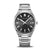 Herrenuhr mit schwarzem Zifferblatt, silbernem Edelstahlgehäuse und Metallarmband