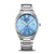 Herrenuhr mit blauem Zifferblatt, silbernem Metallarmband und weißen Indexen