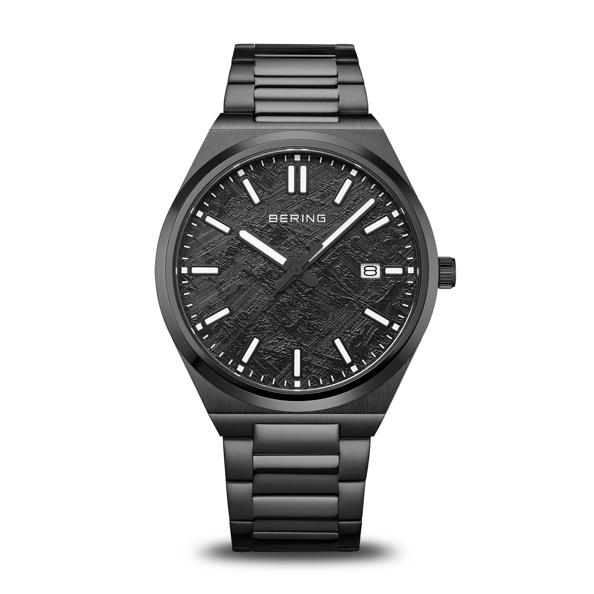 Herrenuhr mit schwarzem Zifferblatt, schwarzen Indexen und schwarzem Edelstahlarmband