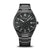 Herrenuhr mit schwarzem Zifferblatt, silbernem Metallarmband und weißen Indexen