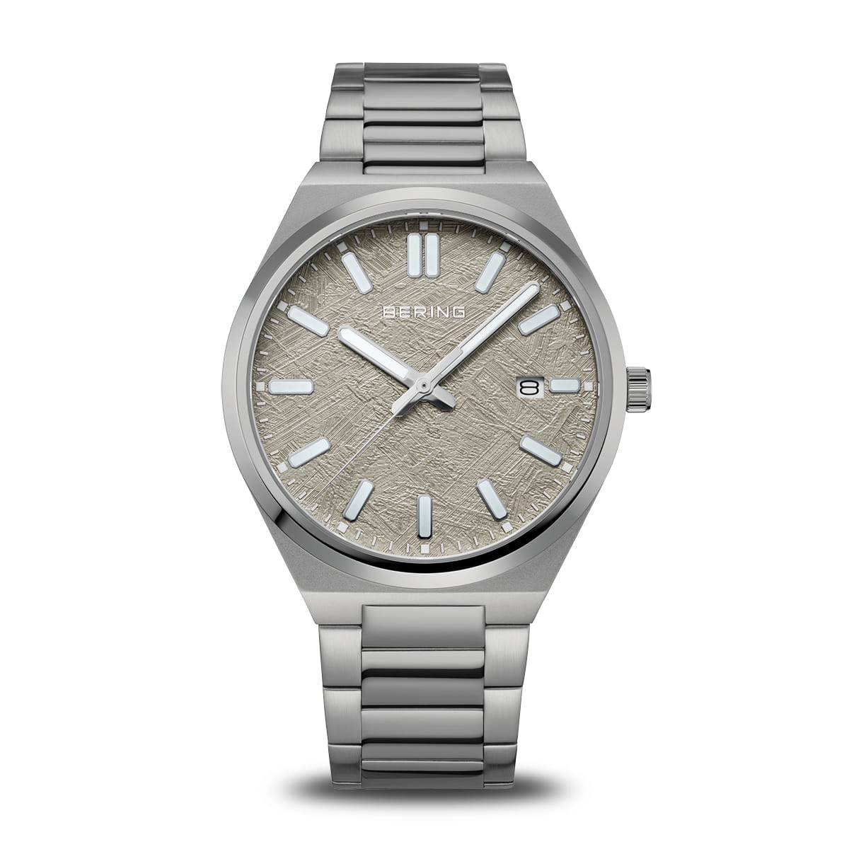 Herrenuhr mit silbernem Metallarmband, grauem Zifferblatt und weißen Indexen