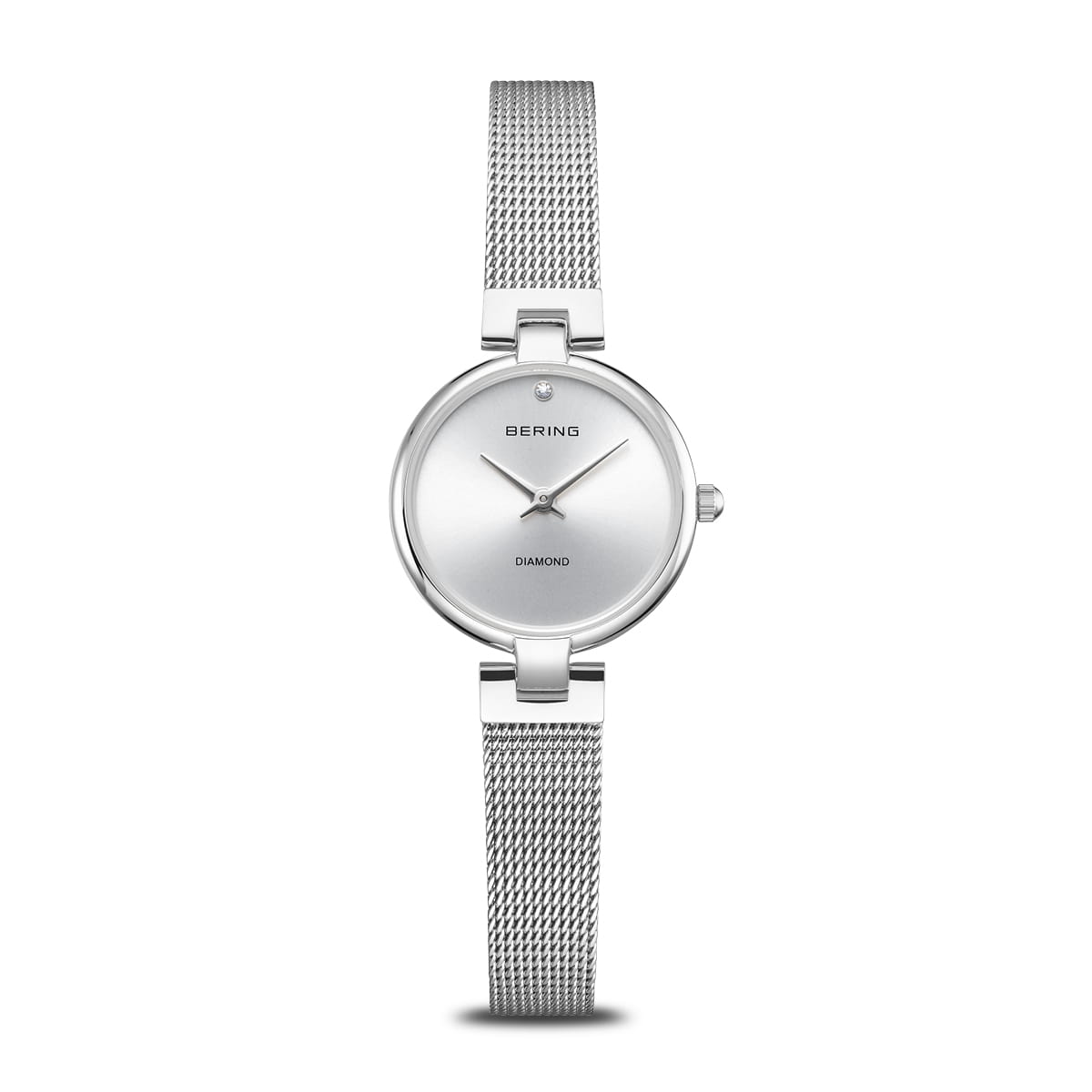 Bering Damenuhr mit silbernem Milanaise-Armband und rundem weißem Zifferblatt