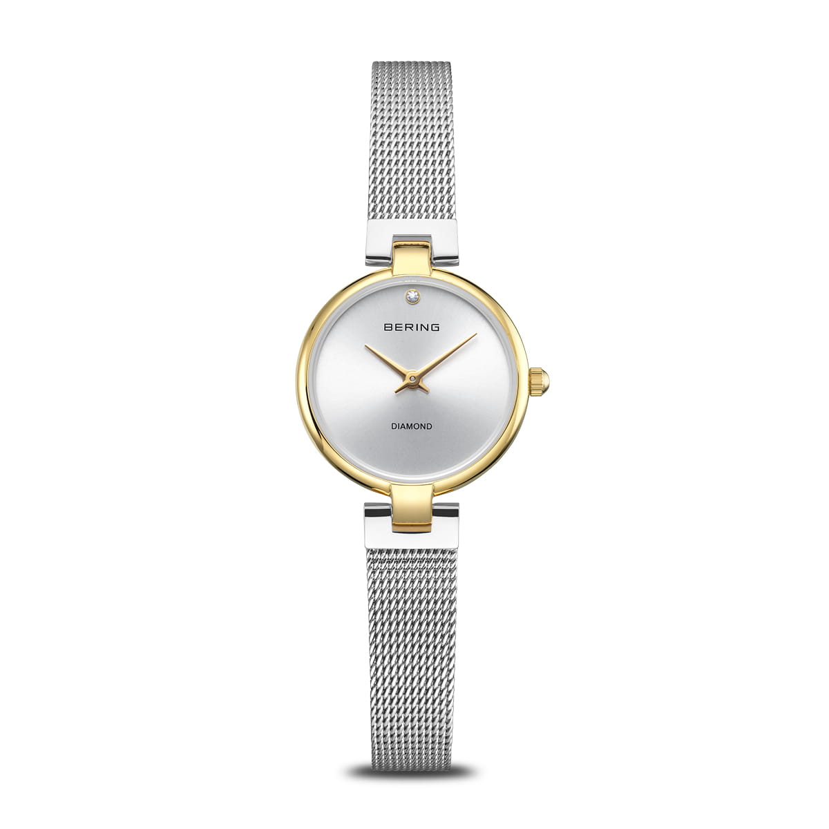 Damenuhr mit rundem Gehäuse, grauem Milanese-Armband und weißem Zifferblatt