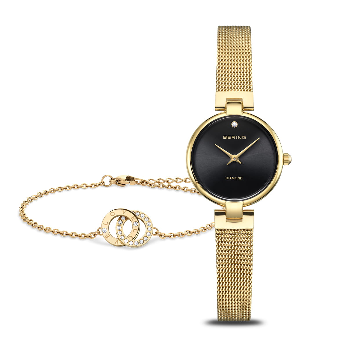 Goldfarbene Damenarmbanduhr mit schwarzem Zifferblatt und Milanaise-Armband